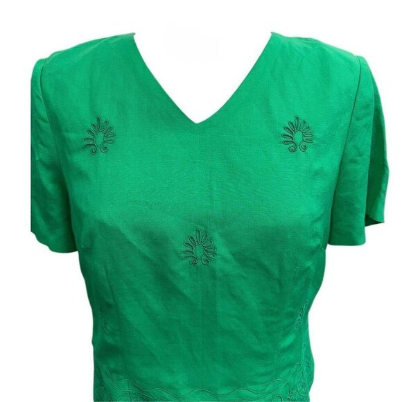 Kelly Green Linen Blend V-Neck Sht Slv Top by Halmode Petites Vintage Sz. 12 - Picture 10 of 10